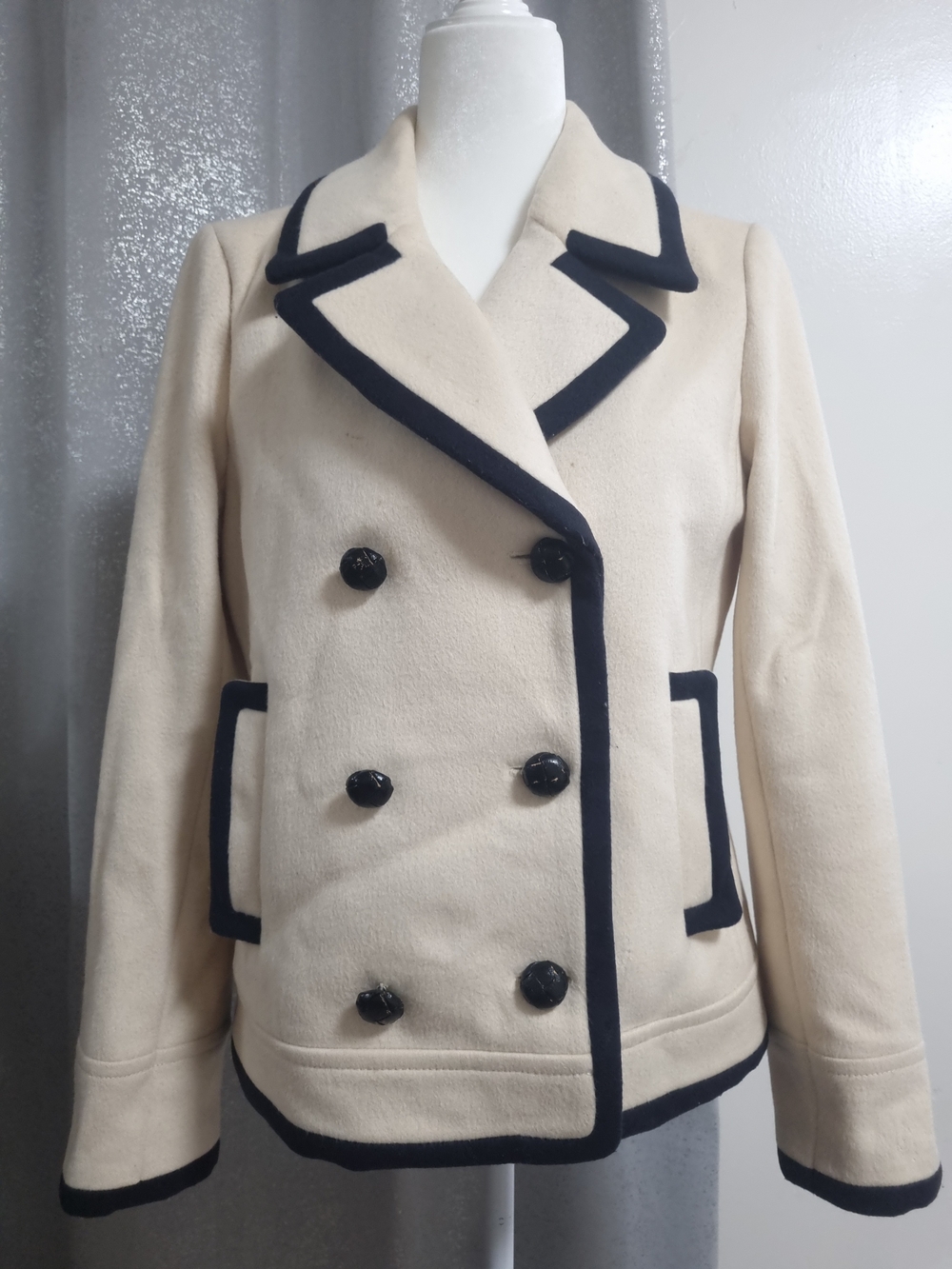 J.Crew Nello Gori Wool Tipped Peacoat Ivory Navy Size 10 Italian Wool